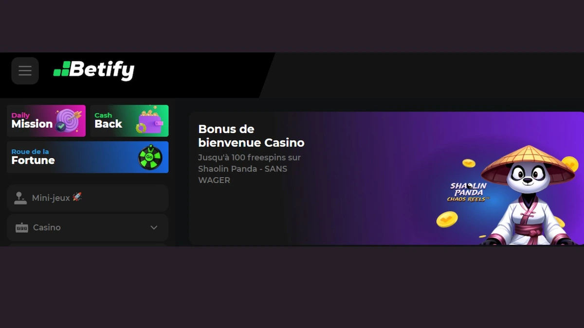 Plateforme de jeux Betify Casino présentant ses catégories de paris et machines