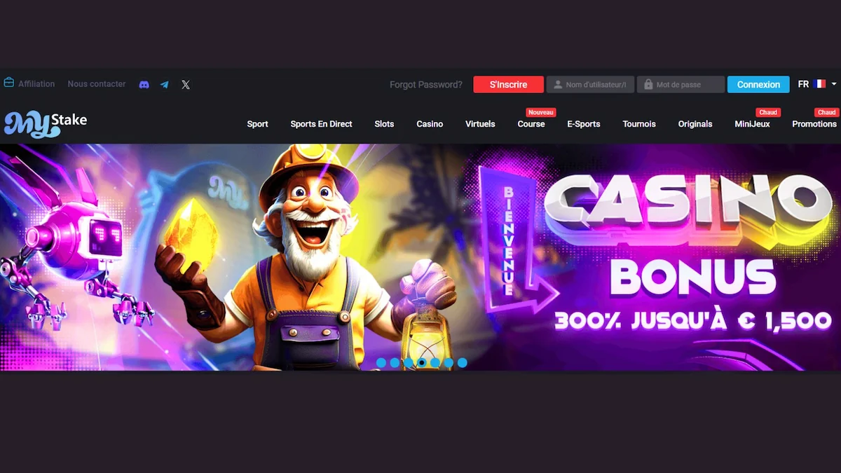 Interface de MyStake Casino montrant les bonus exclusifs et les jeux disponibles