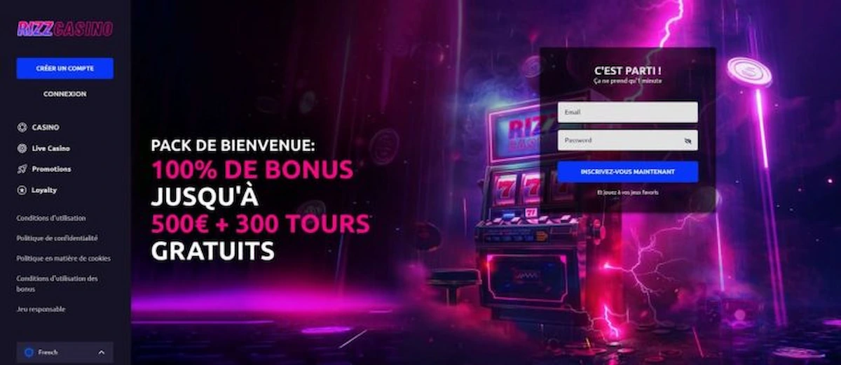 Design élégant de Rizz Casino mettant en avant les promotions sans wager